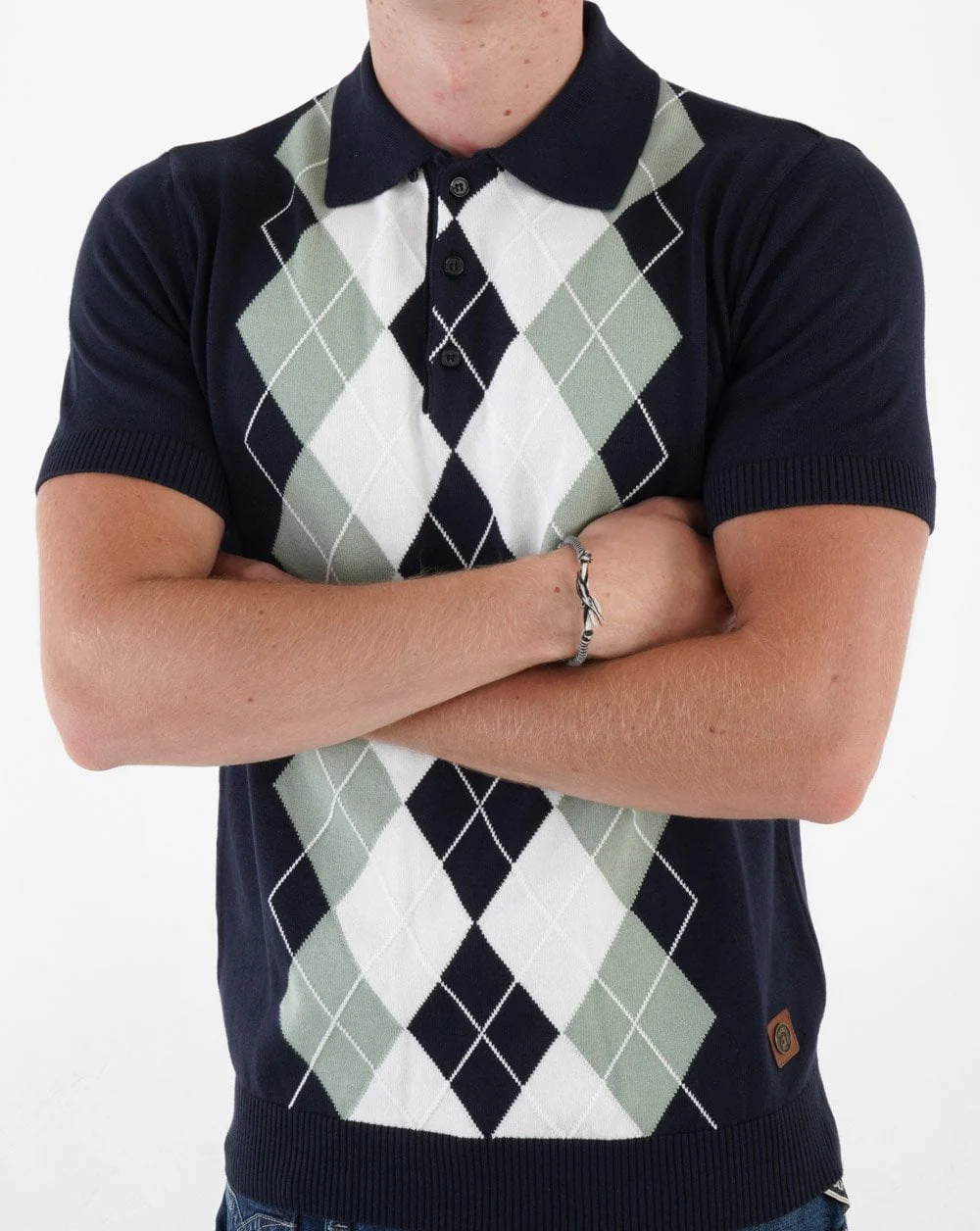 Trojan Argyle Fine Knit Polo Navy - Image 3