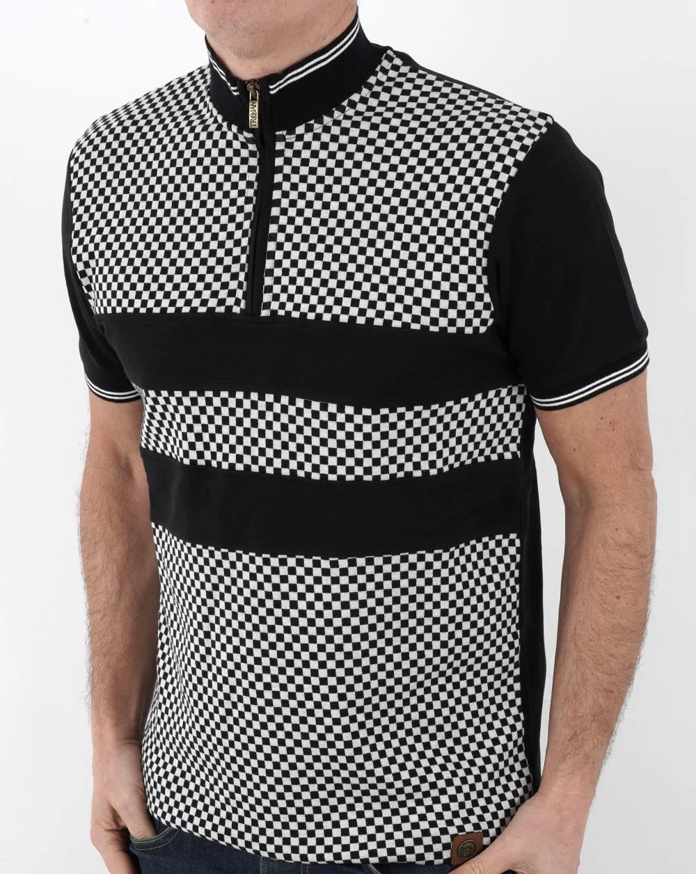 Trojan Chequerboard Zip Polo Black - Image 2