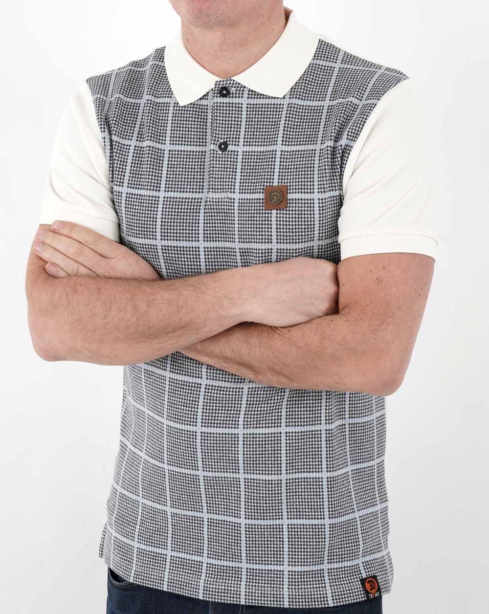 Trojan Dogtooth Check Panel Polo Cream - Image 3