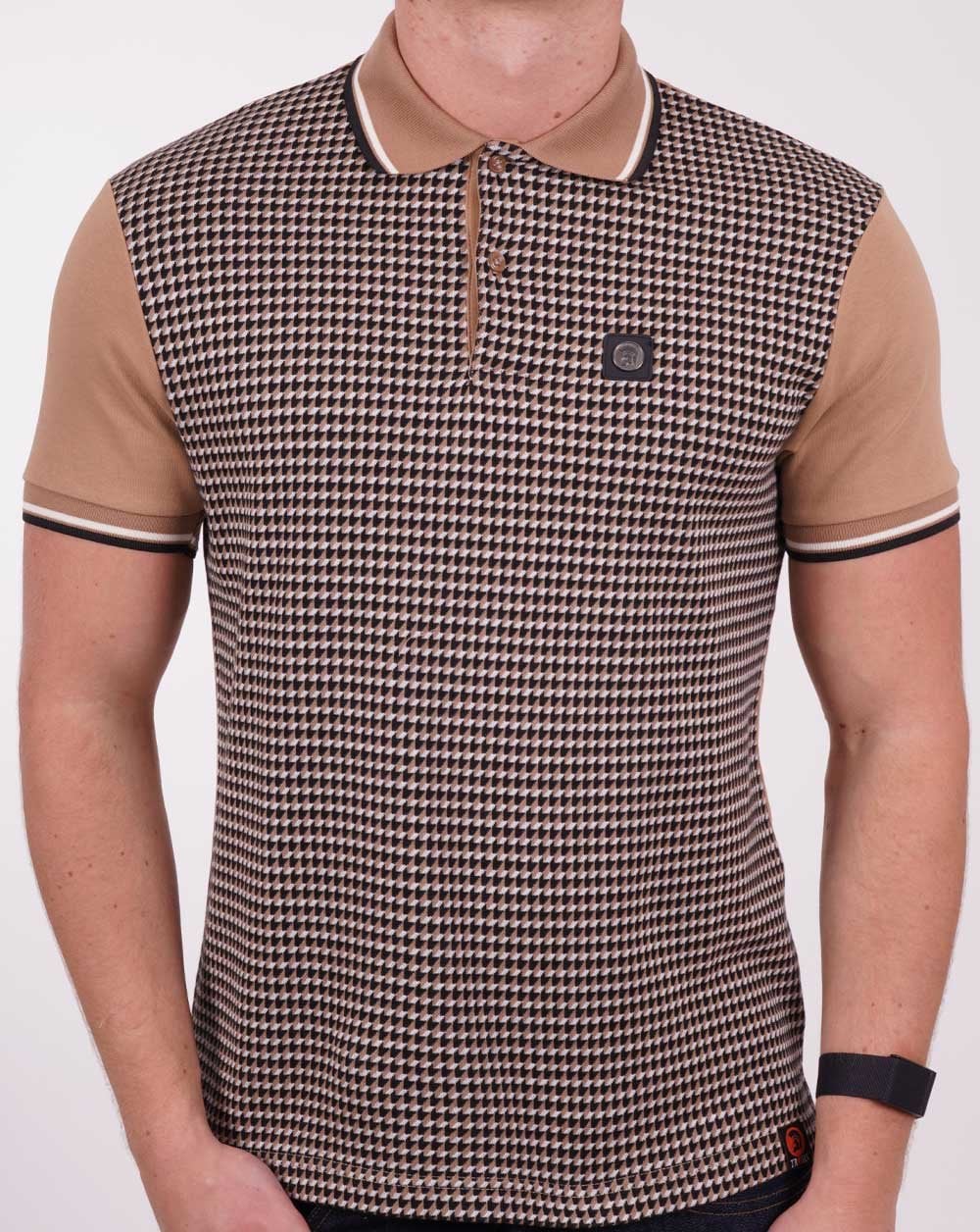 Trojan Geometric Pattern Panel Polo Camel/Navy - Image 3