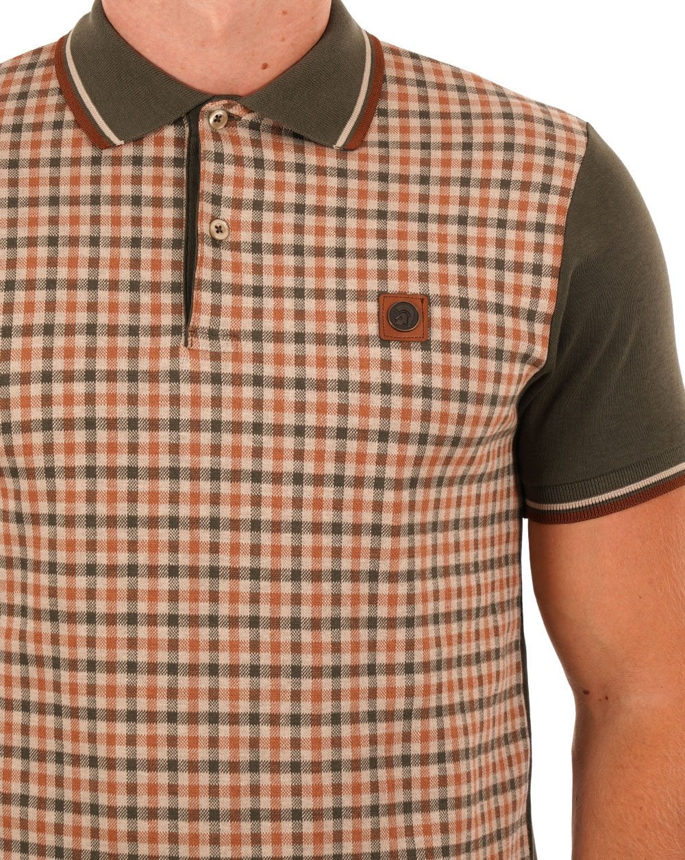 Trojan Gingham Check Panel Polo Army Green - Image 2