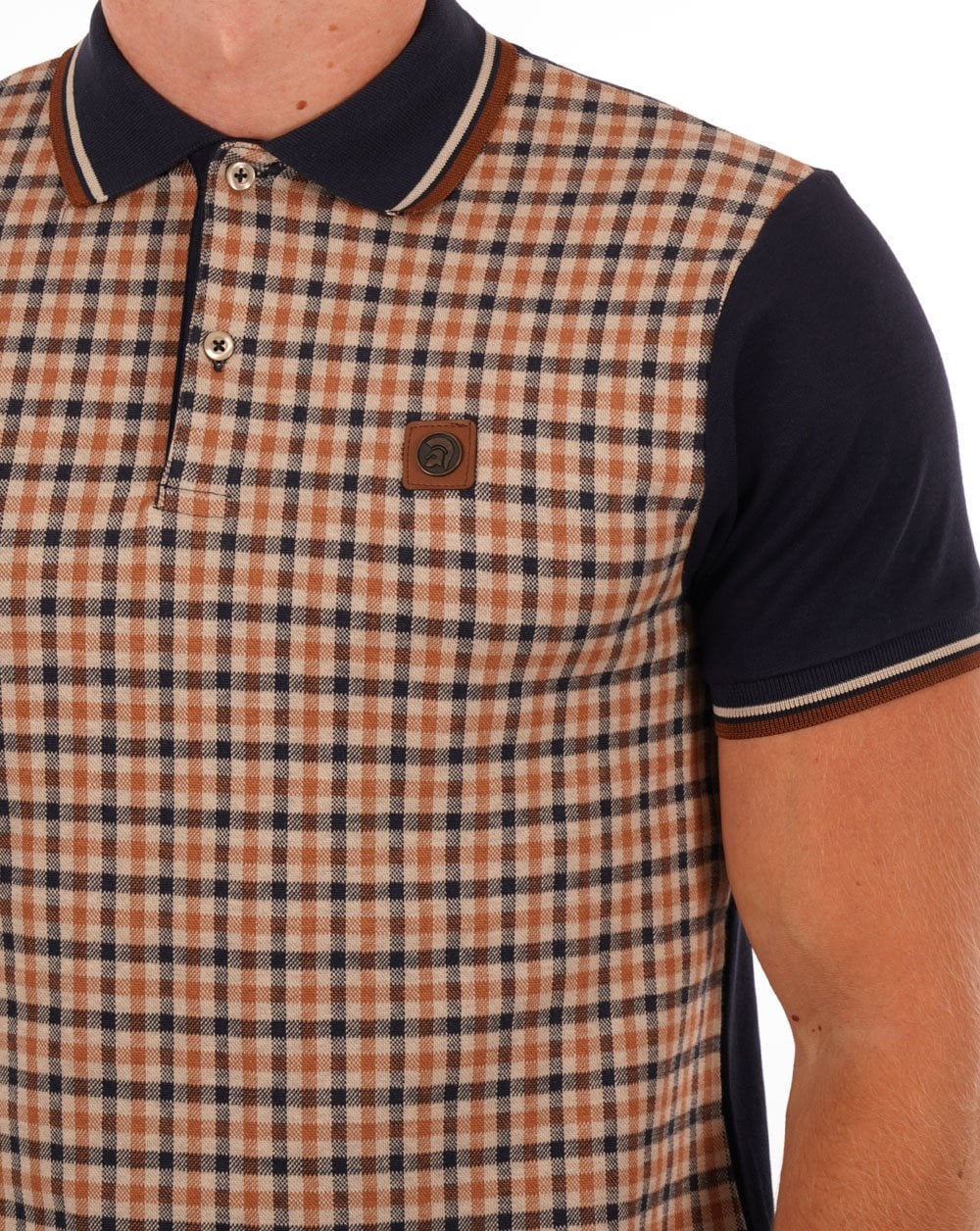 Trojan Gingham Check Panel Polo Navy - Image 3