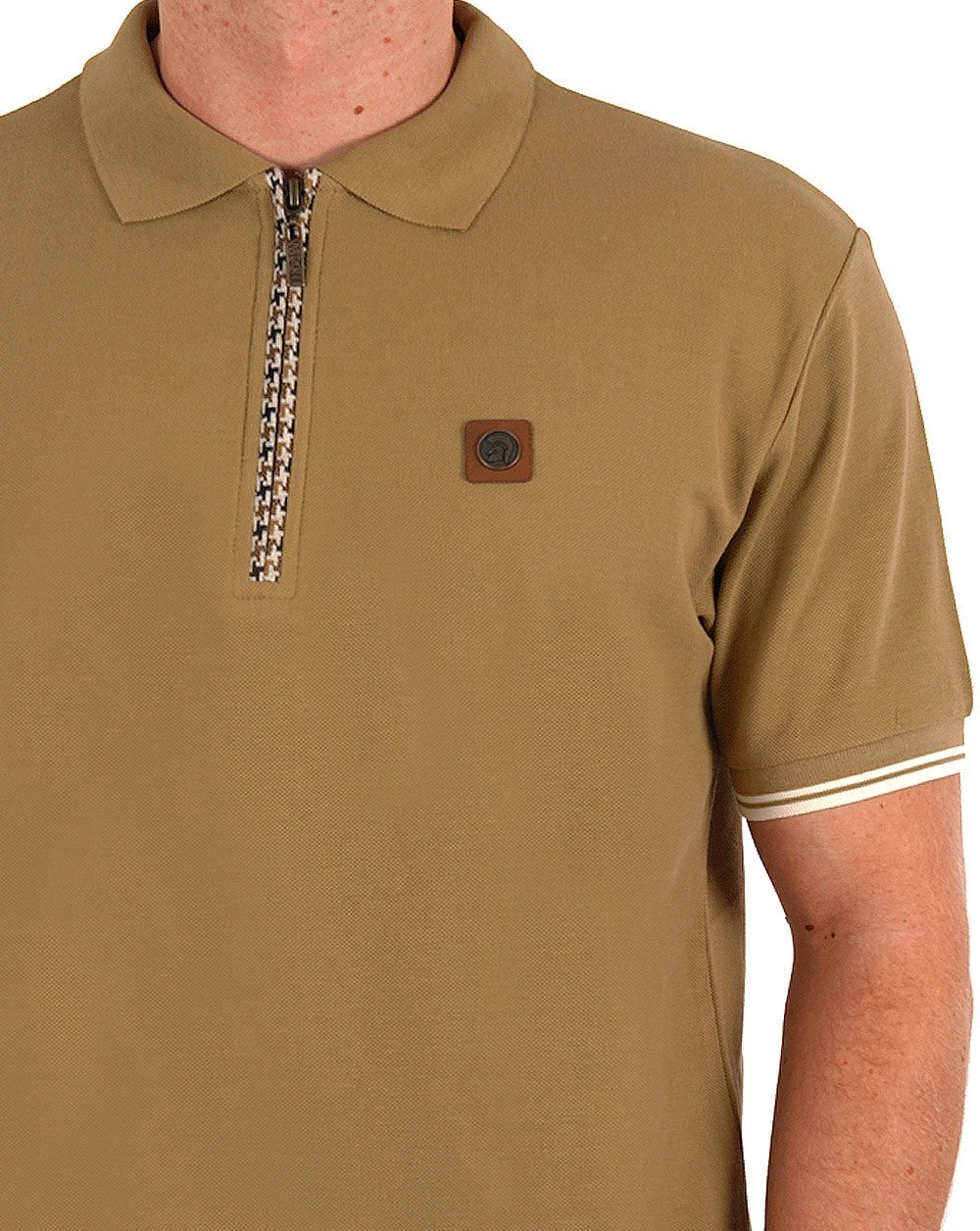 Trojan Houndstooth Zip Polo Camel - Image 3