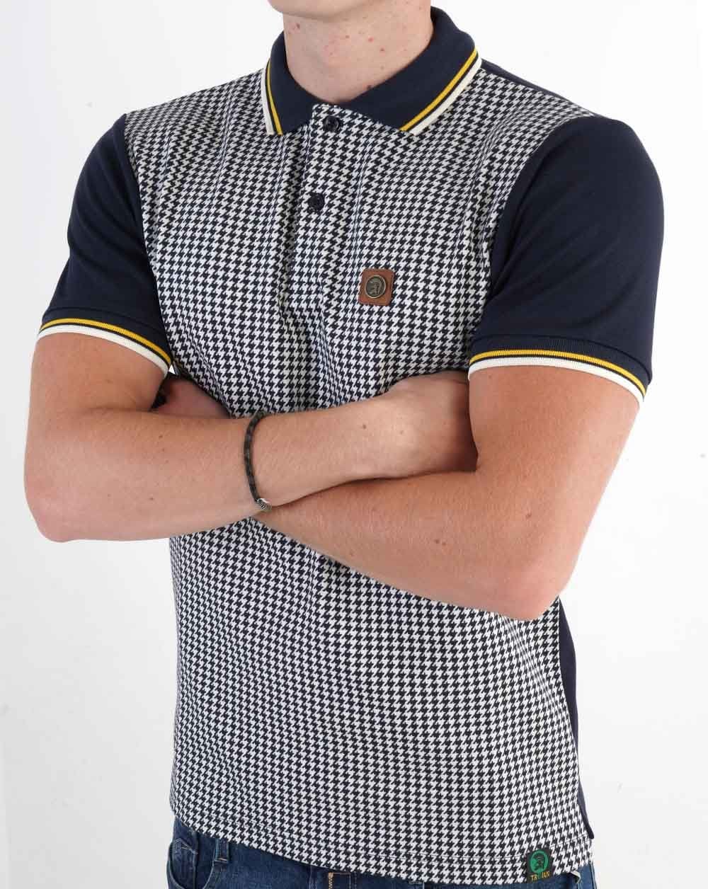 Trojan Jacquard Houndstooth Panel Polo Navy - Image 4