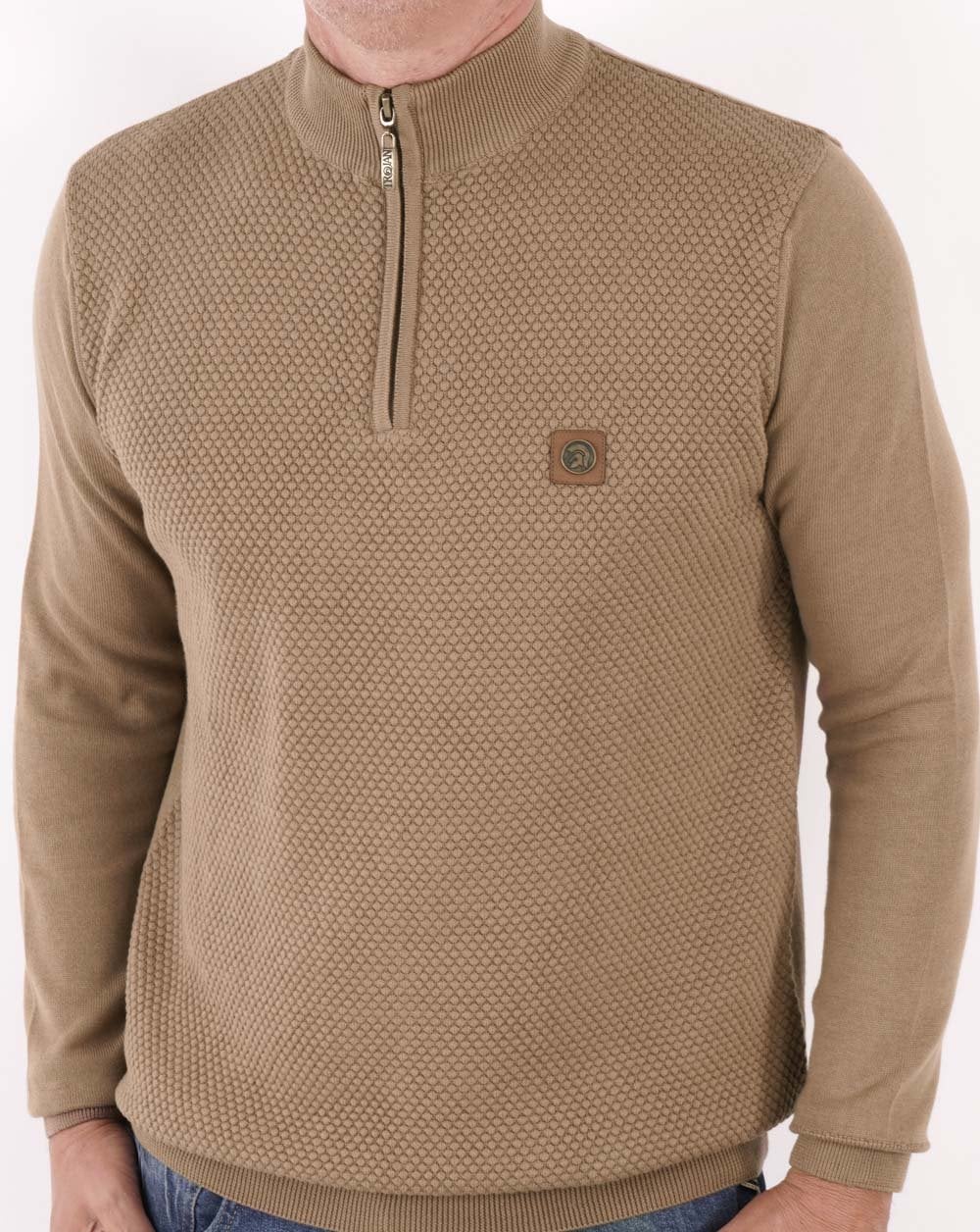 Trojan Textured Zip Funnel Neck Knit Camel - Image 2