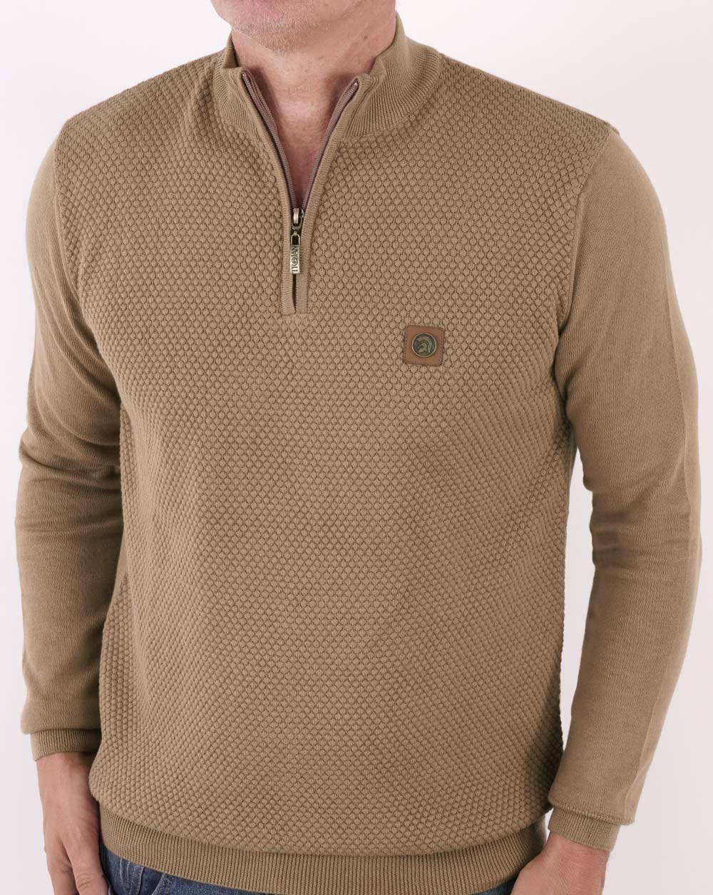 Trojan Textured Zip Funnel Neck Knit Camel - Image 3