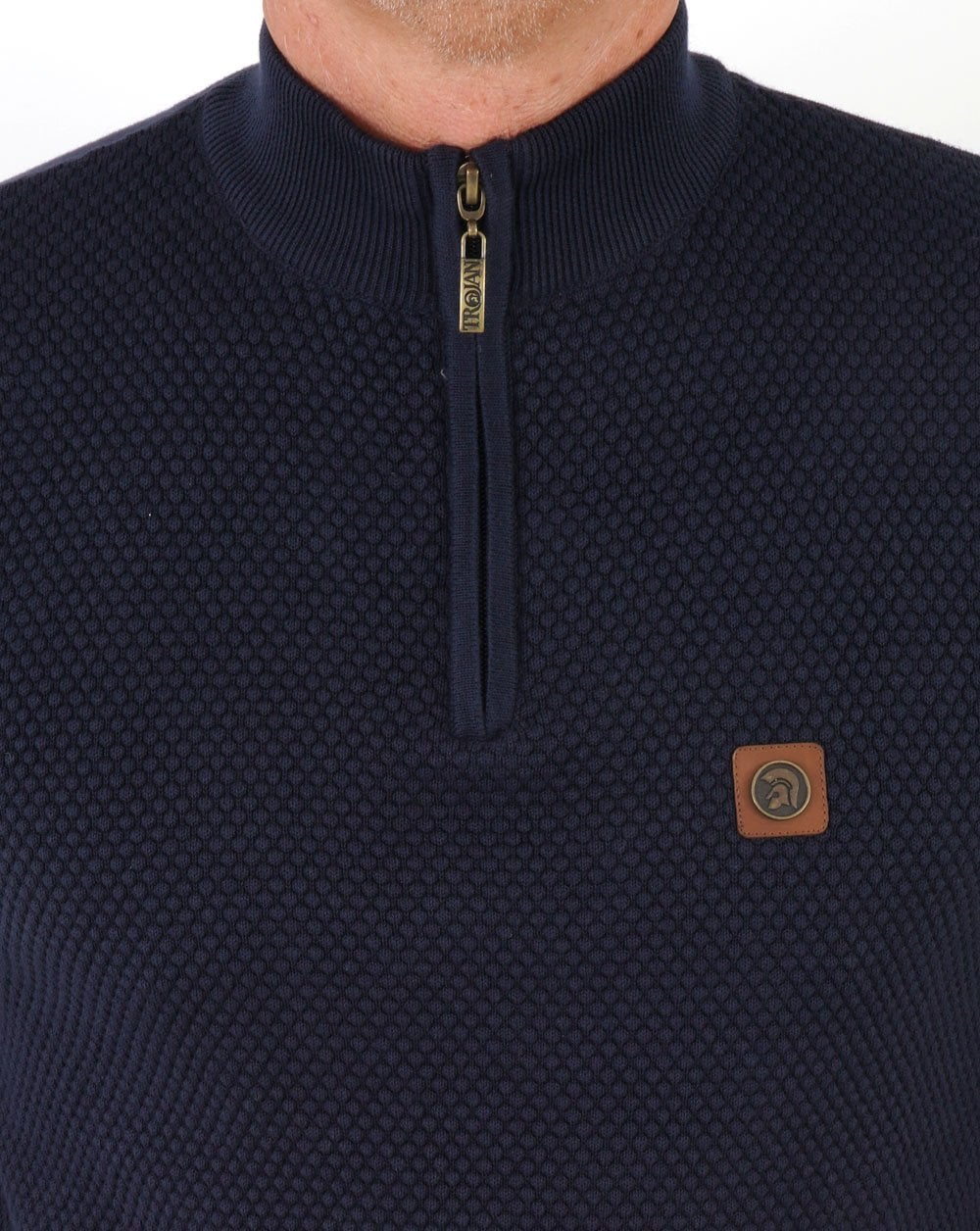 Trojan Textured Zip Funnel Neck Knit Navy - Image 2
