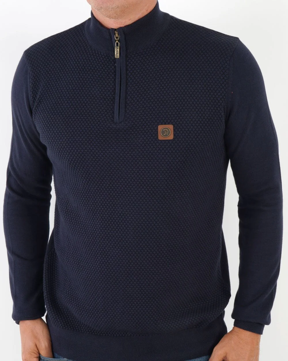 Trojan Textured Zip Funnel Neck Knit Navy - Image 3