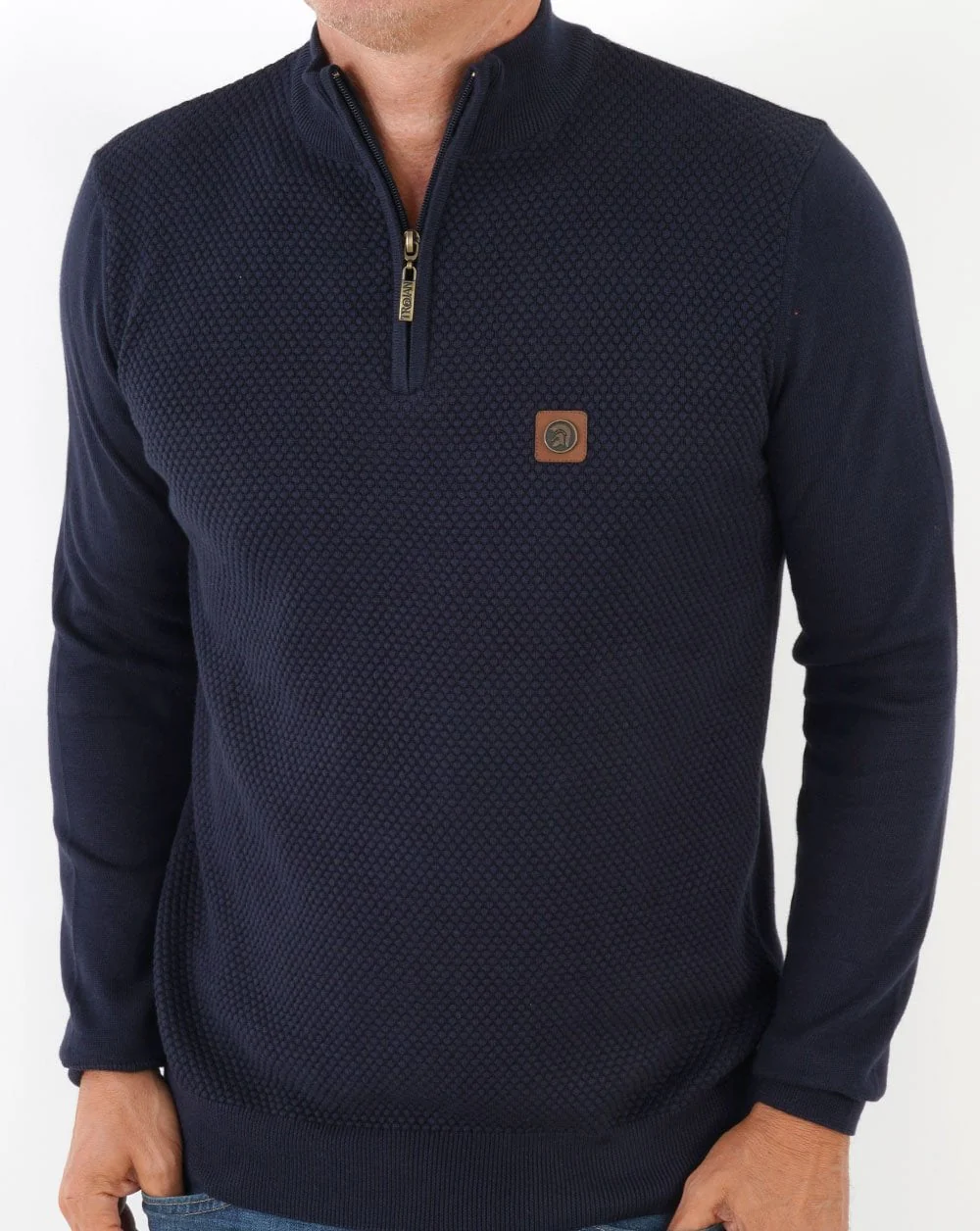Trojan Textured Zip Funnel Neck Knit Navy - Image 4