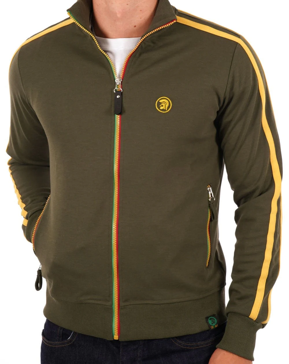Trojan Twin Stripe Contrast Zip Track Top Army - Image 3