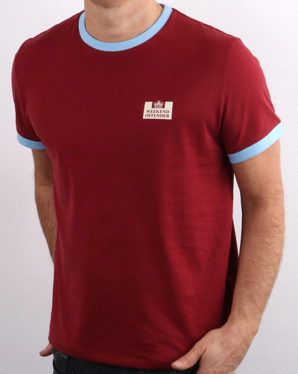Weekend Offender Ringer Tee Claret/Sky Blue - Image 3